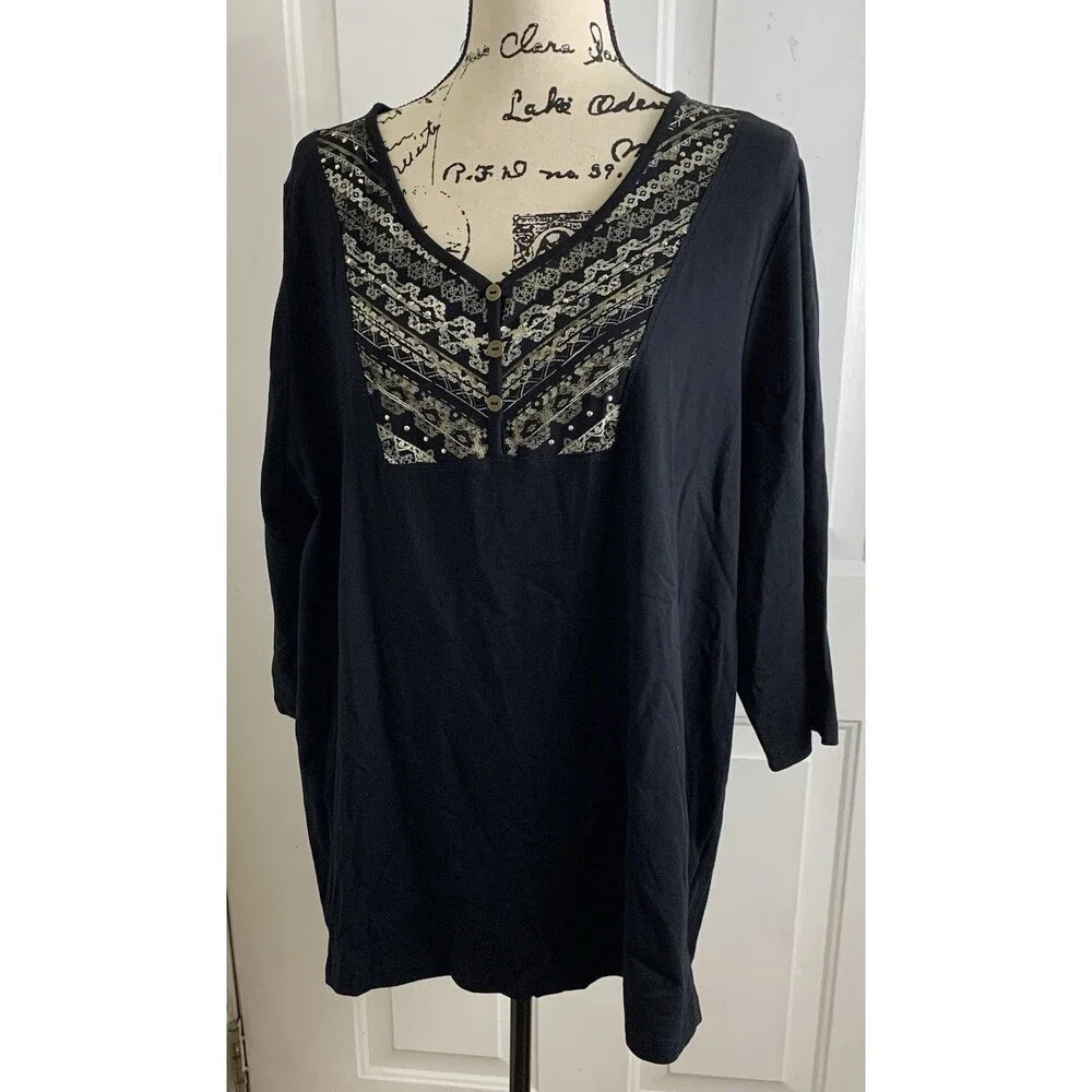 Catherine’s Knit Top 1X Black 3/4 Sleeve Embellished V-Neck Tunic